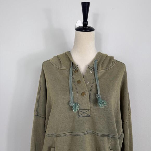 Oli & Hali Women's Washed Knit Henley Pullover Hoodie Olive Green Small Boho - Picture 2 of 7